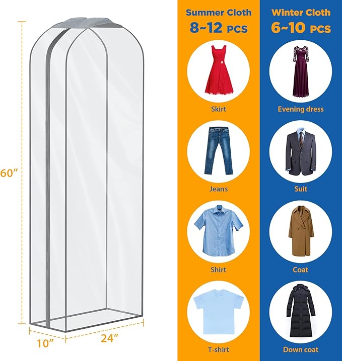 Zilink Breathable Fur Coat Storage Bags 60" Dress Bags for Gowns Long Mink Coat Storage Bag for Hanging Clothes with 10" Gussted Wrinkle Free for Leather Jacket Fur Puffy Dress, Set of 4