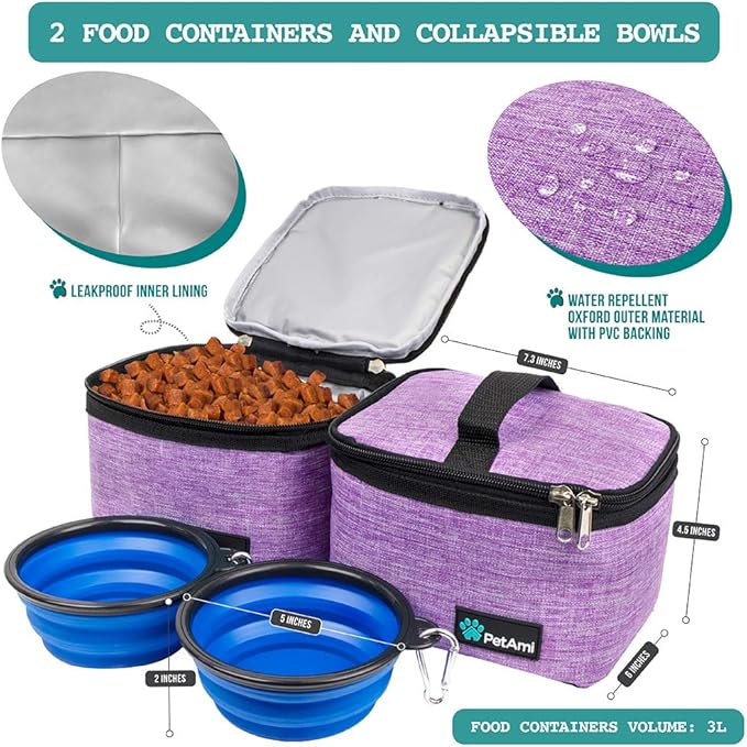 PetAmi Dog Travel Bag, Travel Pet Bag Organizer, Dog Food Travel Bag with Container Collapsible Bowls, Pet Travel Supplies Gift Accessories for Weekend Camping, Puppy Cat Diaper Bag, Purple Medium