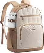 LOVEVOOK Laptop Backpack for Women with Giant Tumbler Holder Pocket,15.6 Inch Puffer Travel College Work Backpack Purse for Teacher Nurse,Waterproof Laptop Bag Computer Back Pack Daypack,White-Khaki