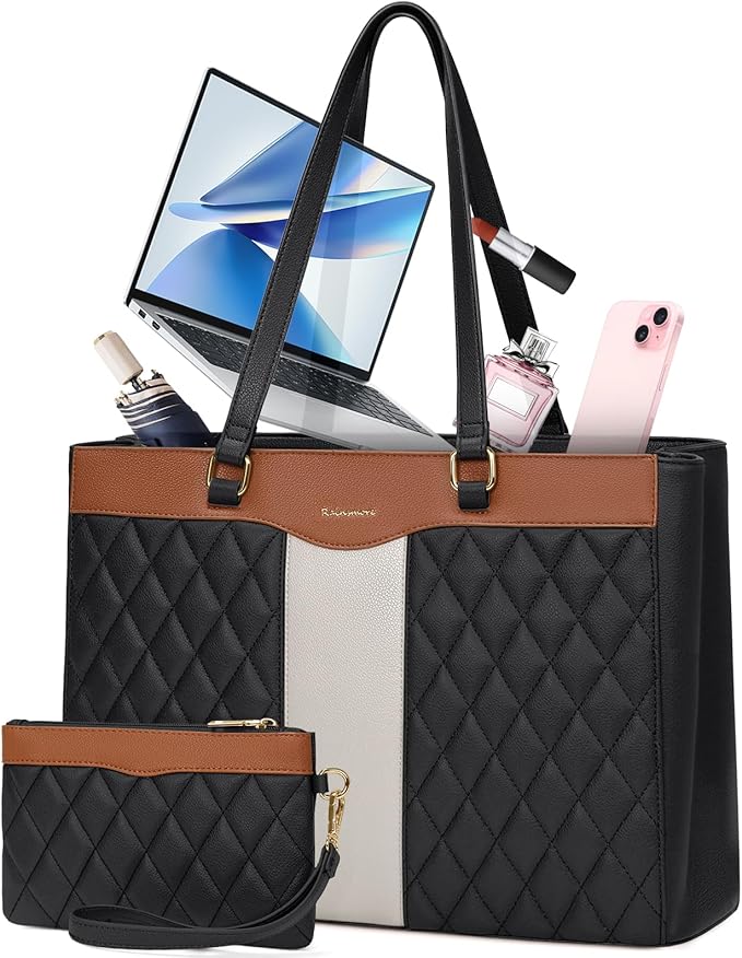 RAINSMORE Laptop Bag for Women 15.6 Inch Work Tote Bags Leather Laptop Tote Professional Laptop Purse Computer Handbag Womens Briefcase Tote with Clutch for Teacher Office Travel, Black Brown & White