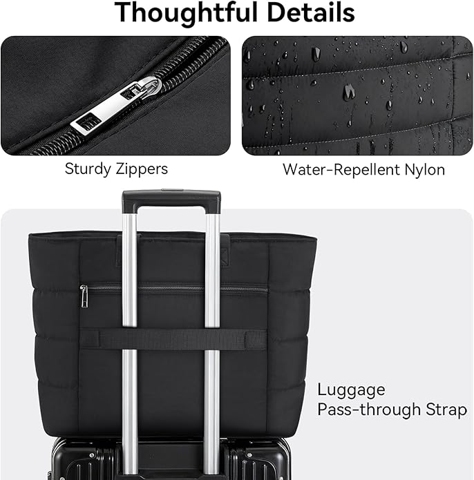 Puffer Tote Bag with Pouch,Women's Lightweight Quilted Shoulder Bag,15.6"/17.3" Laptop Travel Weekender for Work & Nurses