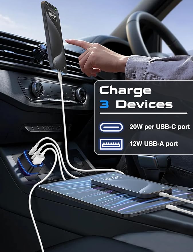 USB C Car Charger, 3 Port PD Super Mini Cigarette Lighter Adapter, 2Pack USB-C & A Fast Car Charging for iPhone 16/15 Pro Max, Galaxy S25/S24, iPad, Pixel, Android Phones,Travel Essentials for Men