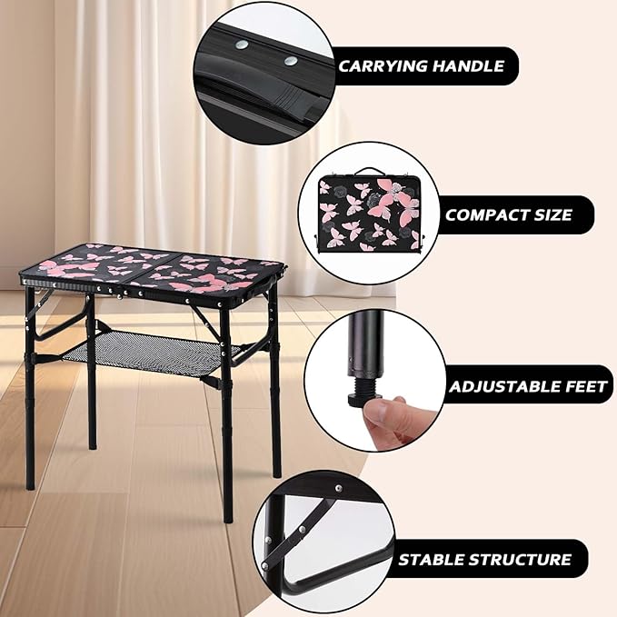 YihuiKo Small Camping Table, Vintage French Butterflies Pattern Folding Table, Adjustable Height, Lightweight & Portable Outdoor Picnic Table with Carry Handle for Patio, Living Room, Travel
