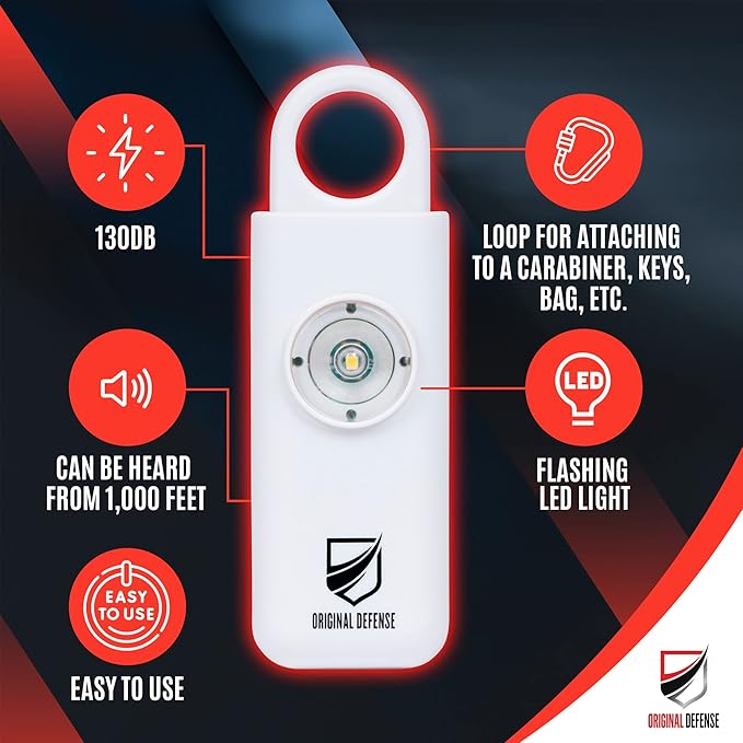 Original Defense® Siren Self-Defense Alarm - 130 dB Keychain Alarm with LED Strobe Light for Women, Children, and Elderly - Police Recommended - (White, 1 Count)