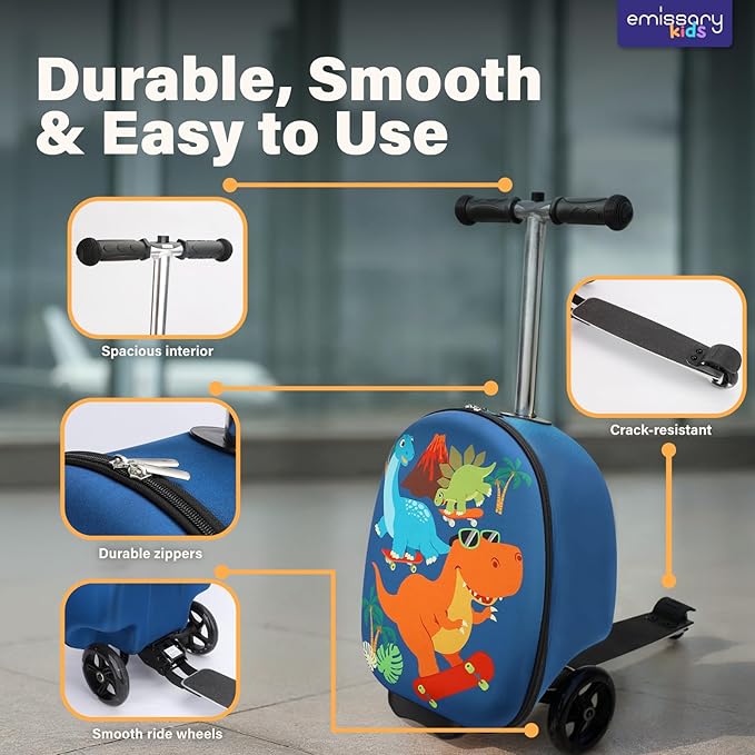 emissary Kids Luggage with Wheels, Hardside Toddler Carry On Suitcase Set, Lightweight Rolling Travel Bag for Boys and Girls, Airline Approved Travel Gifts - Blue Scooter