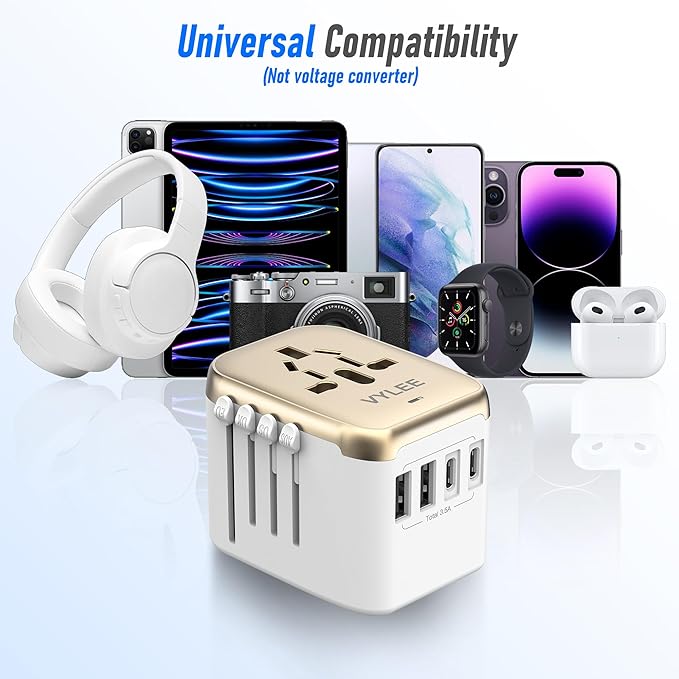 VYLEE Universal International Power Travel Plug Adapter, 5 in 1 European Travel Plug Adapter W/ 3.5A 2xUSB-A and 2xUSB C Wall Charger and Worldwide AC Outlet for Europe USA UK AUS Asia (White Gold)