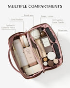 EACHY Travel Makeup Bag, Large Capacity Cosmetic Bag for Women, Waterproof PU Leather, Flat Open Portable Toiletry Bag for Skincare, Brushes & Travel Essentials