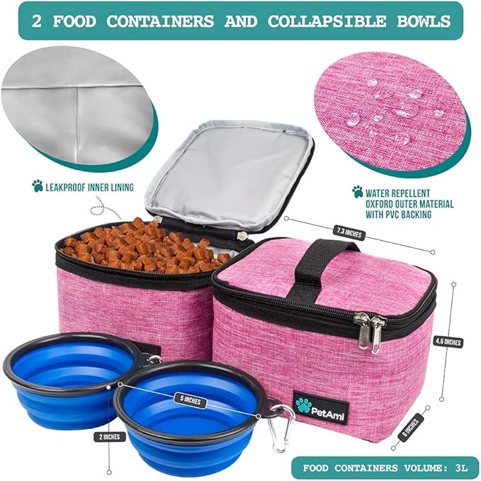 PetAmi Dog Travel Bag, Travel Pet Bag Organizer, Dog Food Travel Bag with Container Collapsible Bowls, Pet Travel Supplies Gift Accessories for Weekend Camping, Puppy Cat Diaper Bag, Pink Medium