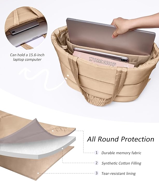 Puffer Tote Bag for Women, Lightweight Puffy Tote with Compartments, Shoulder Bag Crossbody Bags for Women Travel, Work, Gym