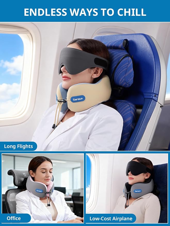 SARISUN Travel Pillow for Airplane,Neck Pillow with Strap,Combo 3D Eye Mask for Sleep,Dual-Density Supportive Foam Travel Neck Pillow for Airplane Flights,Car Road Trip Travel Essentials Pink