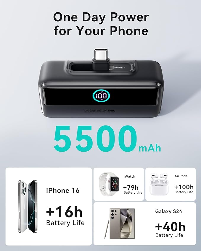INIU Small Portable Charger, 5500mAh Power Bank with Build-in USB-C Connector, 22.5W PD Fast Charging Battery Pack, Family Trip Essential Phone Charger for iPhone 16 15, Fit for College Students, Red