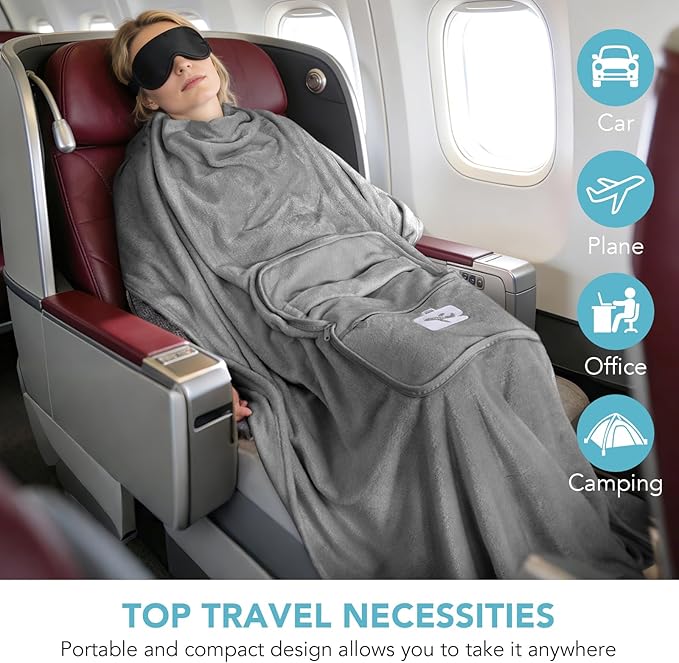 SINLAND Travel Pillow and Blanket 2-in-1 Set,Airplane Packable Bag,Soft and Lightweight Plane Flight Car Trips Travel Essentials Gift,Hand Luggage Sleeve and Backpack Clip,60x50 Inch Grey