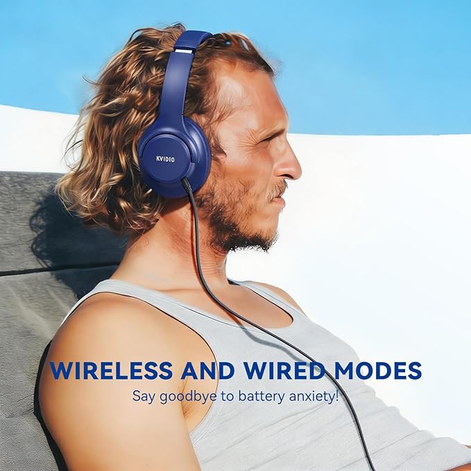 KVIDIO Bluetooth Headphones Over Ear, 65 Hours Playtime Wireless Headphones with Microphone, Foldable Lightweight Headset with Deep Bass, HiFi Stereo Sound Low Latency for Travel Work Cellphone