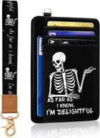 Yonlevres Skeleton Credit Card Holder Slim Wallet, RFID Wallet Women Front Pocket Wristlet Lanyard, Small Card Holder Travel Cute Thin Card Case ID Window PU Leather Funny Card Organizer Gifts Girls