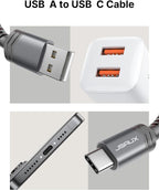 JSAUX USB C Cable 3.1A Fast Charging, 3-Pack (10ft+6.6ft+3.3ft) USB A to Type C Charge Cord Compatible with iPhone 17/17 Pro/17 Pro Max, iPhone 16/16 Pro Max, Samsung S22 S20, USB C Charger(Grey)
