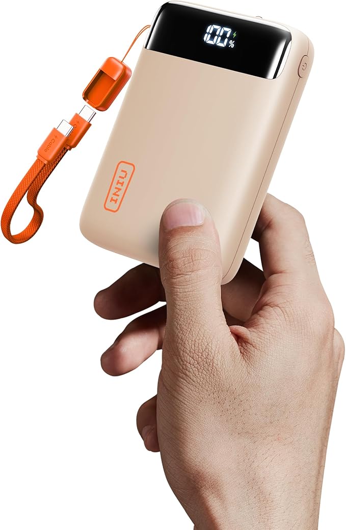 INIU Smallest 20000mAh Power Bank, 22.5W PD Fast Charging Portable Charger with Detachable Cable, Flight-Safe Battery Pack with LED Display for iPhone 17 16, iPad, Travel, Hiking, Camping, Beige