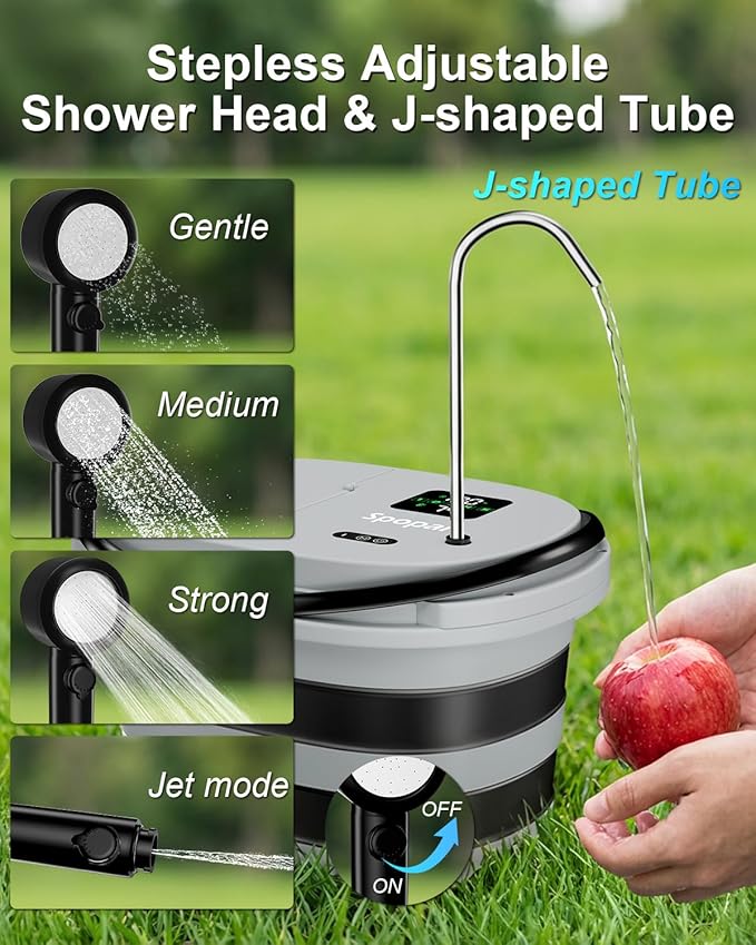 Spopal Portable Integrated Camping Shower with 20L Bucket, Temperature Measurement & Fruit Washing Mode, LED Digital Display, IPX8 Waterproof, 13000mAh Battery for Hiking, Travel, Car, Pet