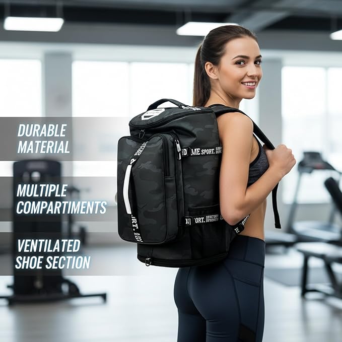 Gym Duffle Bag Backpack with Shoe Compartment,4 ways Travel Backpack for Women and Men,Multi-Functional Weekender bag with Waterproof Layer&Laptop Compartment for Fitness, Travel,Camping