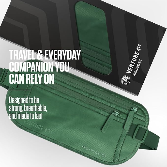 VENTURE 4TH Money Belt for Travel – Slim Hidden Under-Clothes RFID Blocking Anti-Theft Passport Holder & Travel Wallet Pouch for Men & Women to Protect Cash, Cards & Documents (Sleek Army Green)