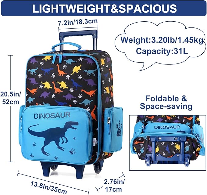 VASCHY Kids Luggage for Boys, Cute Rolling Travel Carry on Suitcase for Toddlers/Children with Wheels 18inch Dinosaur