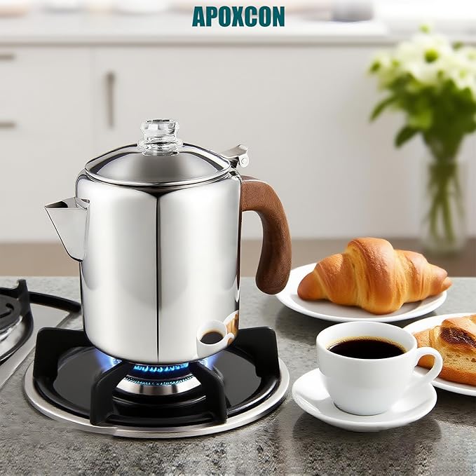 APOXCON Coffee Percolator Stainless Steel Coffee Maker with Fireproof Solid Wood Handle & Tough Glass Clear Brew Progress Knob Camping Coffee Pot Using on any Stovetop NO Aluminum NO Plastic (6 Cup)