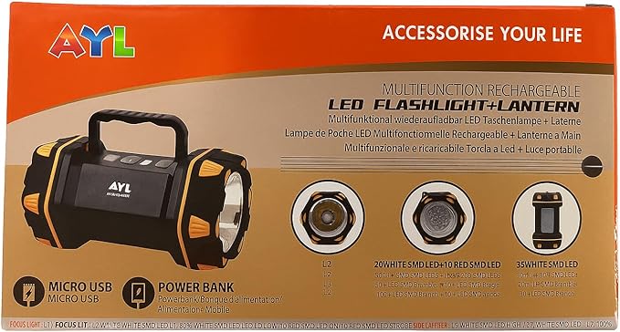 AYL LED Camping Lantern Rechargeable, Camping Flashlight 8 Light Modes, 4800mAh Power Bank, Waterproof, Lantern Flashlight for Emergency, Hurricane, Power Outages, USB Cable with Tripod Included
