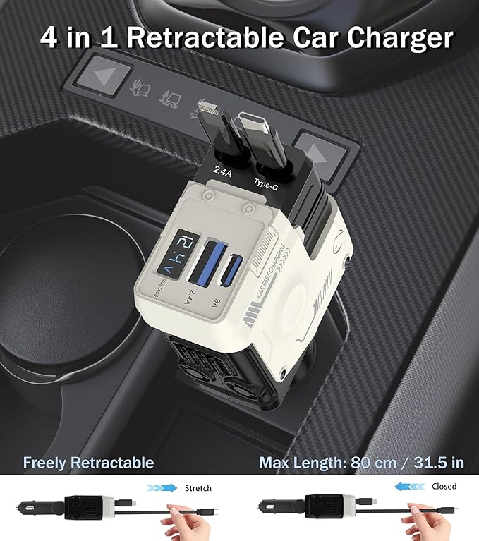 Retractable Car Charger, 4 in 1 Retractable Phone Charger with 66W Fast Charging, 2 Retractable Cables and 2 USB-C USB-A Port Compatible with iPhone 16/15/14/13/12/11, Samsung,Galaxy,Pixel (White)
