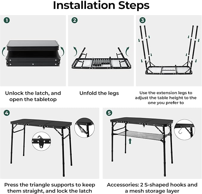 Folding Camping Table with Storage Net,3ft Portable Aluminum Folding Table with 3 Adjustable Height Max 27.3 Inch for Outdoor Backyard BBQ Picnic Cooking Tents Beach Indoor Bedroom（Silver）