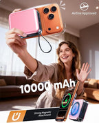 for Magsafe Portable Charger with Built-in Cables and AC Wall Plug, 10000mAh Magnetic Wireless Power Bank 22.5W Type-C in & Out Fast Charging Battery Pack for iPhone 17/16/15/14/13/12 Series, Pink