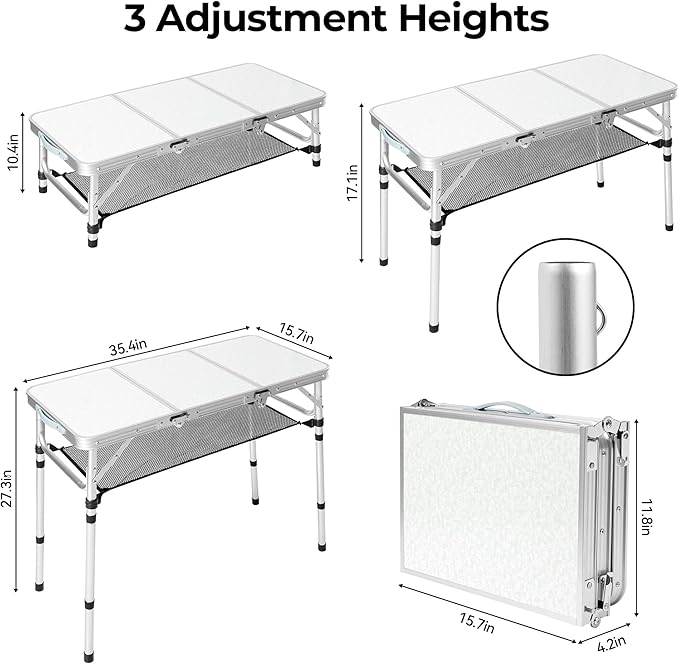 Folding Camping Table with Storage Net,3ft Portable Aluminum Folding Table with 3 Adjustable Height Max 27.3 Inch for Outdoor Backyard BBQ Picnic Cooking Tents Beach Indoor Bedroom（Silver）