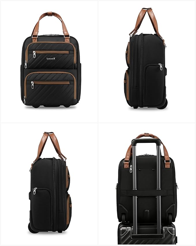 LUGGEX Underseat Carry On Luggage with Wheels, Stylish Lightweight Under Seat Luggage, Soft Sided Personal Item Suitcase for Short Trip (Chestnut Black, 16 Inch)