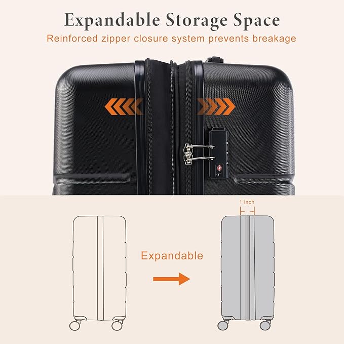 Sweetcrispy Carry on Luggage, Hard Shell ABS Suitcase with Double Spinner Wheels, Lightweight Expandable Rolling Suit Case with TSA Lock, 21 Inch Charcoal Black
