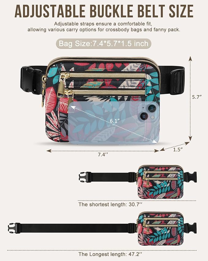 Capolo Fanny Packs for Women Fashion Waist Packs Bag with Adjustable Strap and 4 Zipper Pockets Waterproof Everywhere Crossbody Belt Bag for Workout Running Travelling(Red Leaves)
