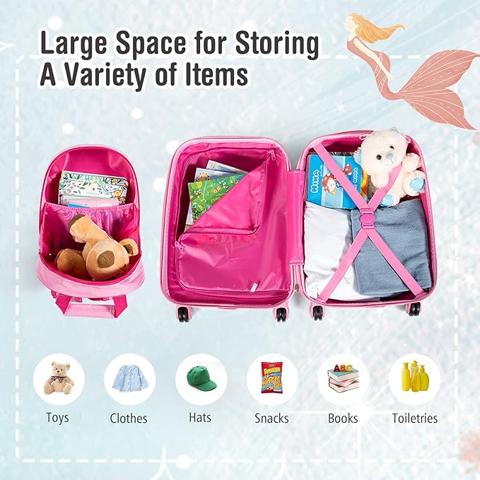 BABY JOY 2 PC Kids Carry On Luggage Set, 18" Toddler Trolley Case & 12" Backpack with Hard Shell & Rolling Wheel Design, Kids Suitcase for Boys Girls (Mermaid)
