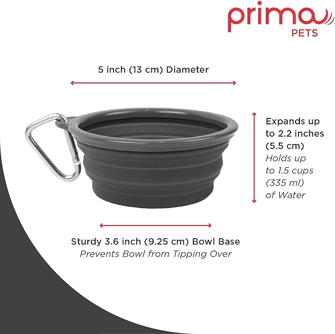 Prima Pet Collapsible Silicone Water Travel Bowl with Clip for Dog and Cat, Portable and Durable Pop-up Feeder for Convenient On-the-go Feeding - Size: Small (1.5 Cups) Grey