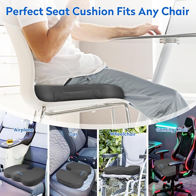 CushZone Seat Cushion, Office Chair Cushions, Car Seat Cushion, Non-Slip Sciatica & Back Coccyx Tailbone Pain Relief Chair Pad, Memory Foam Pillow for Computer Desk, Wheelchair, Driving(Grey)