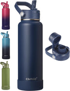 CIVAGO 40 oz Insulated Stainless Steel Water Bottle with Detachable Straw, Large Metal Water Jug with Bucket Handle, Leakproof Sports Water Flask with Silicone Boot for School, Dishwasher Safe, Navy