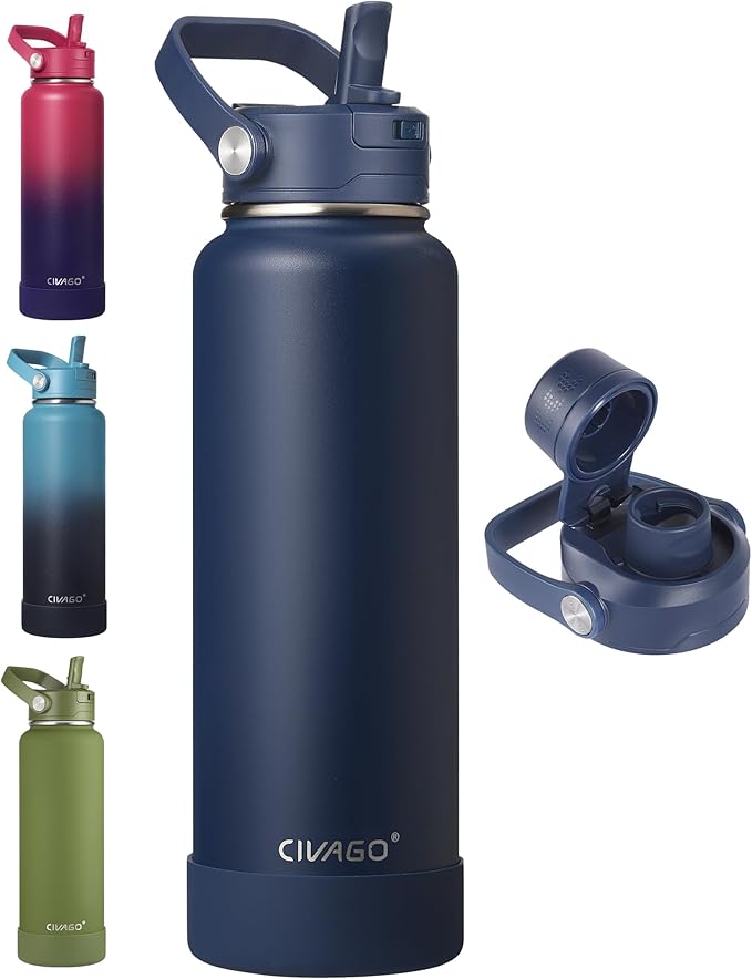CIVAGO 40 oz Insulated Stainless Steel Water Bottle with Detachable Straw, Large Metal Water Jug with Bucket Handle, Leakproof Sports Water Flask with Silicone Boot for School, Dishwasher Safe, Navy