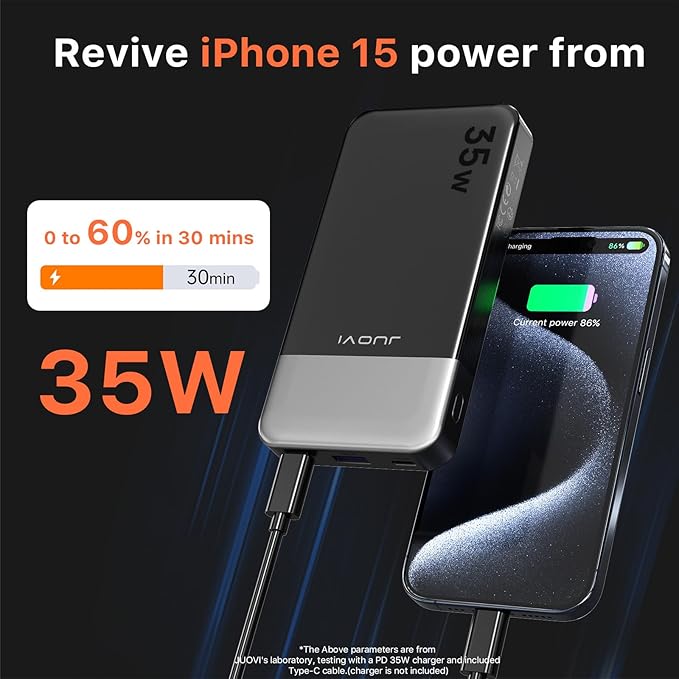JUOVI Power Bank 10000mAh, 35W Portable Charger,Fast Charging Portable Battery Pack with PD 3.0 & QC 4.0, USB C Portable Power Bank for iPhone 15 14 13 Series, Galaxy, Tablet, Switch, and More（Black）