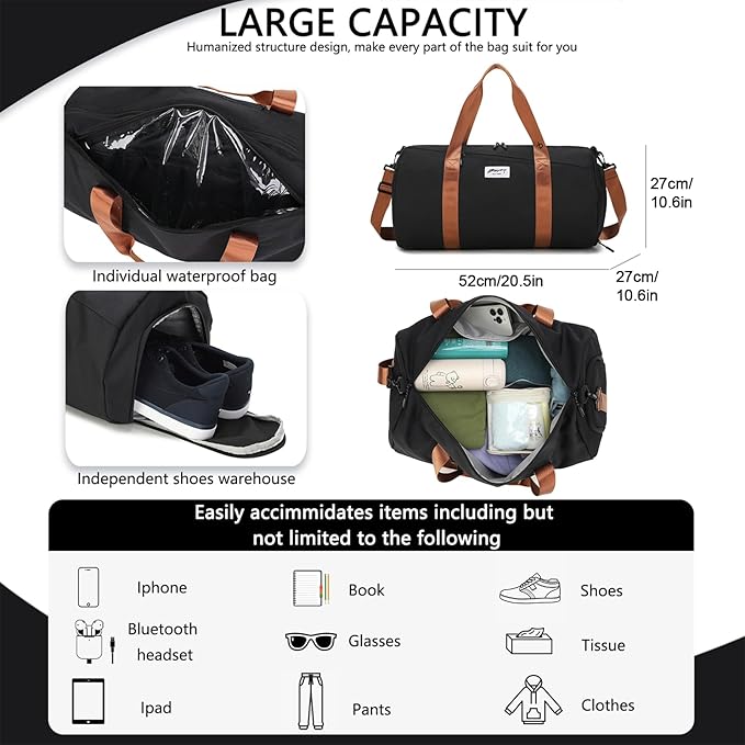 Gym Bags for Men with Side Pocket, 38L Sports Gym Duffle Bag with Wet Pocket&Shoe Compartment, Large Waterproof Sport Duffel Bags for Travel, Sports, Fitness&Workout(Black/Brown)