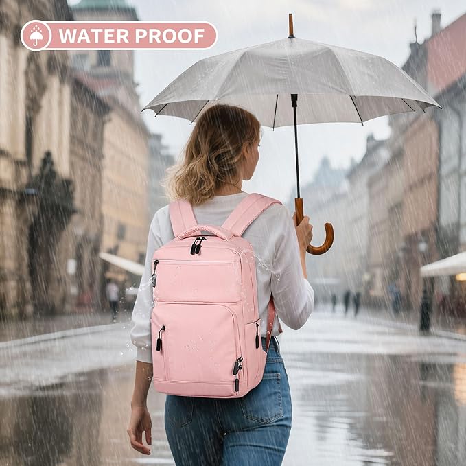 Waterproof Laptop Backpack for Men & Women, Flight Approved Anti-Theft Daypack with 15.6-inch Laptop Sleeve (Pink)