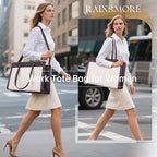 RAINSMORE Laptop Bag for Women 15.6 Inch PU Vegan Leather Work Tote Bag Waterproof Womens Briefcase Designer Computer Bags for Office Teacher College Travel Large Tote Purse Professional Green & Beige