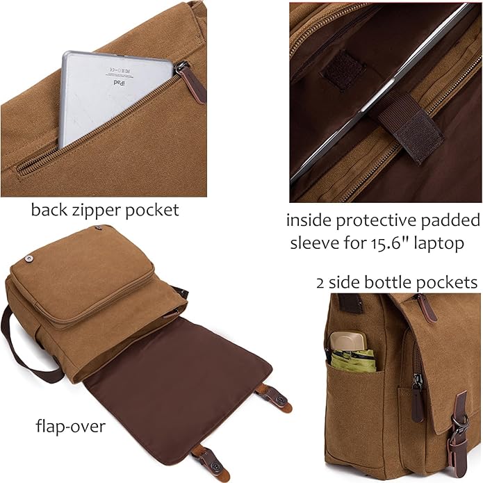 Evergoo Vintage Messenger Bag Unisex Shoulder Bags Canvas Satchel Cross Body Work Satchel Briefcase for 15.6 Inch Laptop