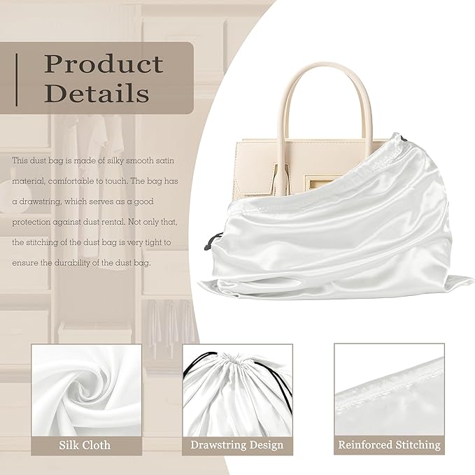 Vonty 3 Pack Silky Dust Bags for Shoes and Purses, Satin Drawstring Bag for HandBags Boots - White Shoe Bag Silk Dust Cover Bag Protector Travel Storage Pouch(19.6 x 15.7 In)