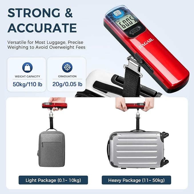 BAGAIL Digital Luggage Scale, 110lbs Hanging Baggage Scale with Backlit LCD Display, Portable Suitcase Weighing Scale, Travel Luggage Weight Scale with Hook, Strong Straps for Travelers
