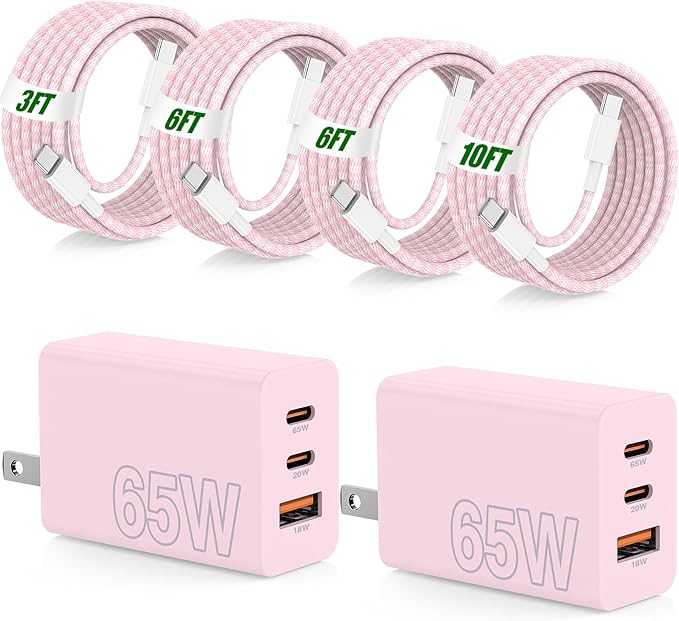 65W Super Fast Charging USB C for iPhone 17 16 Pro Max,3 Port 100W USB C Charger Block & 3/6/6/10FT Braided Type C Cord for iPhone 17 16 Pro,iPhone 15 Pro Max,for Samsung S26 Ultra/MacBook Air-Pink