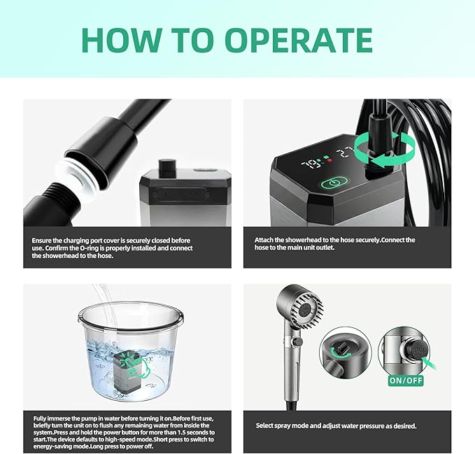 Portable Shower for Camping, Filtered Camping Shower, IPX8 Waterproof，6000mAh Rechargeable Outdoor Camp Shower Pump with LED Display, 4 Spray Modes for Hiking, Travel, Pet
