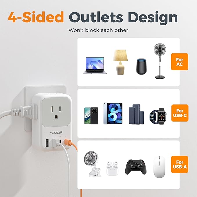 TESSAN USB C Charger Block 20W PD, Fast Charging Adapter with Foldable Plug, 1875W Power Outlet Extender(4 AC and 4 USB) for Cruise, Home, Office, Dorm Room Essentials, Grey