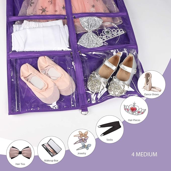 Syeeiex Clear Dance Costume Garment Bag with 3" Gussetes(2 Pack), 40'' Garment Bags for Dance Costumes, Kids Dance Garment Bag with 4 Medium Zippered Pocket - Suitable for Dance Competitions(Purple)