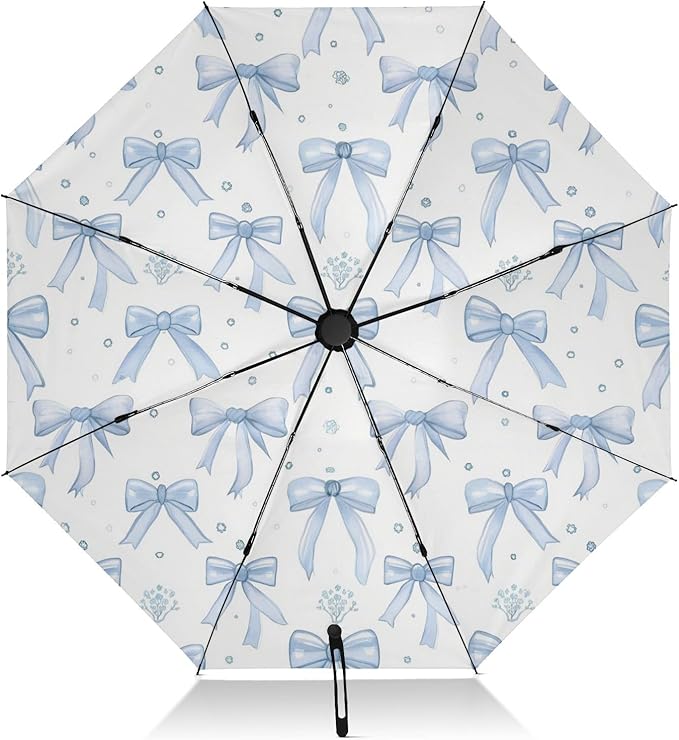 Automatic Folding Umbrella for Rain, Light Blue Bows Travel Umbrella UV Protection Large Windproof Inverted Umbrella with Cover Bag, 8 Ribs